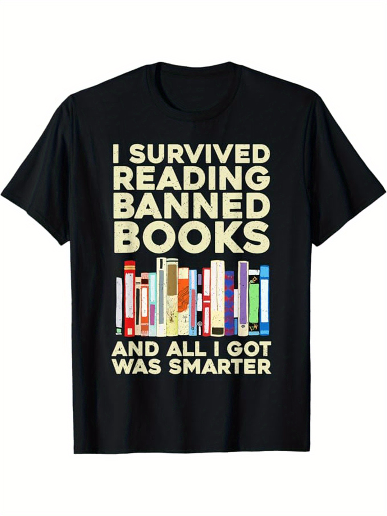 Men's Graphic T-Shirt I Survived Reading Banned Books Colorful Stacked Covers Among Tall Books