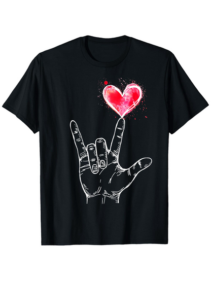 Men's Graphic T-Shirt Sketch Hand Sign With Vibrant Red Watercolor Heart Illustration