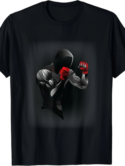 Men's Graphic T-Shirt Dynamic Shadowed Fighter With Red Gloves In Stealthy Dramatic Shadow Boxer
