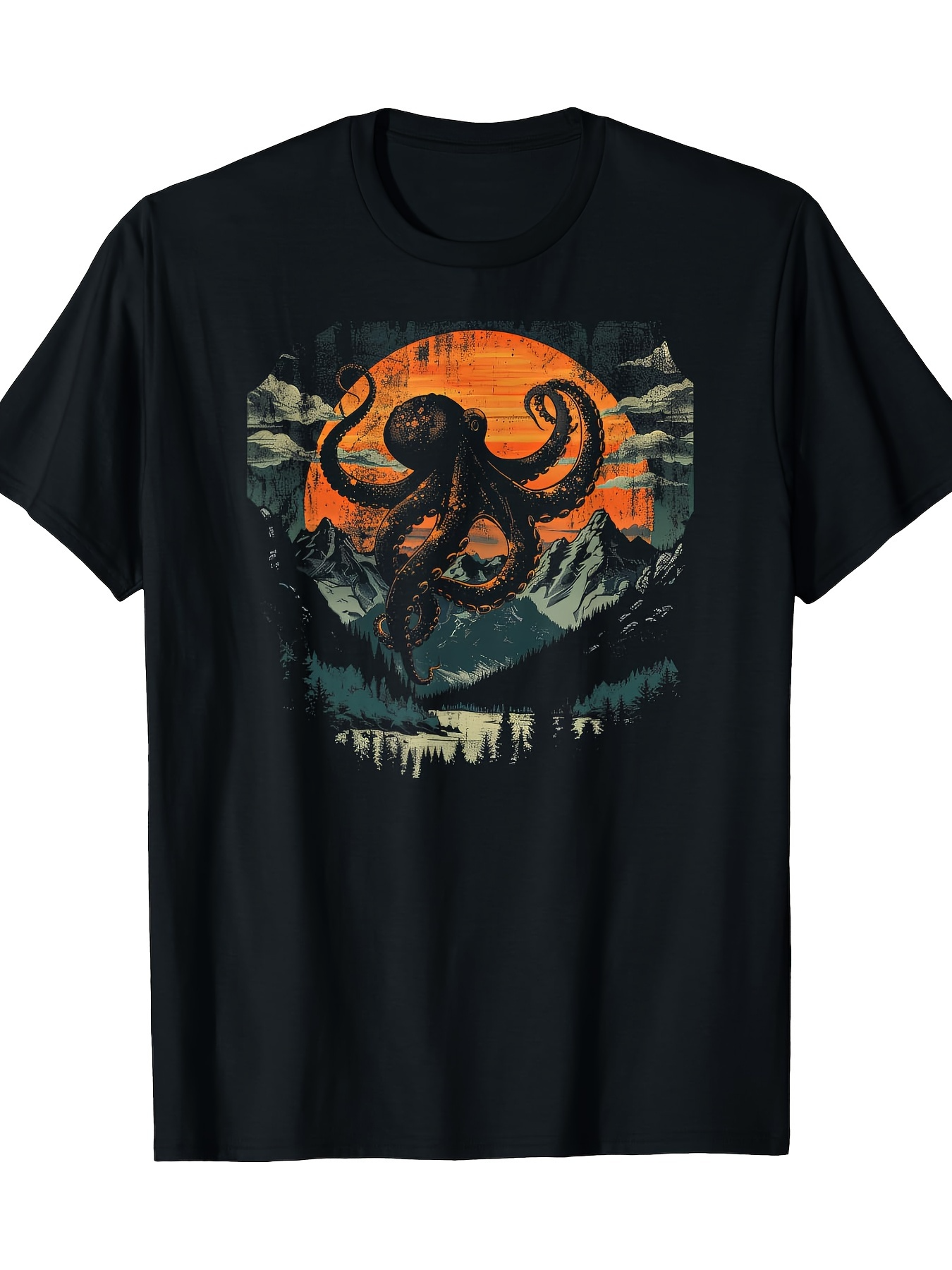 Men's Graphic T-Shirt Mysterious Mountain Scenery With Fiery Sunset And Foreboding Octopus