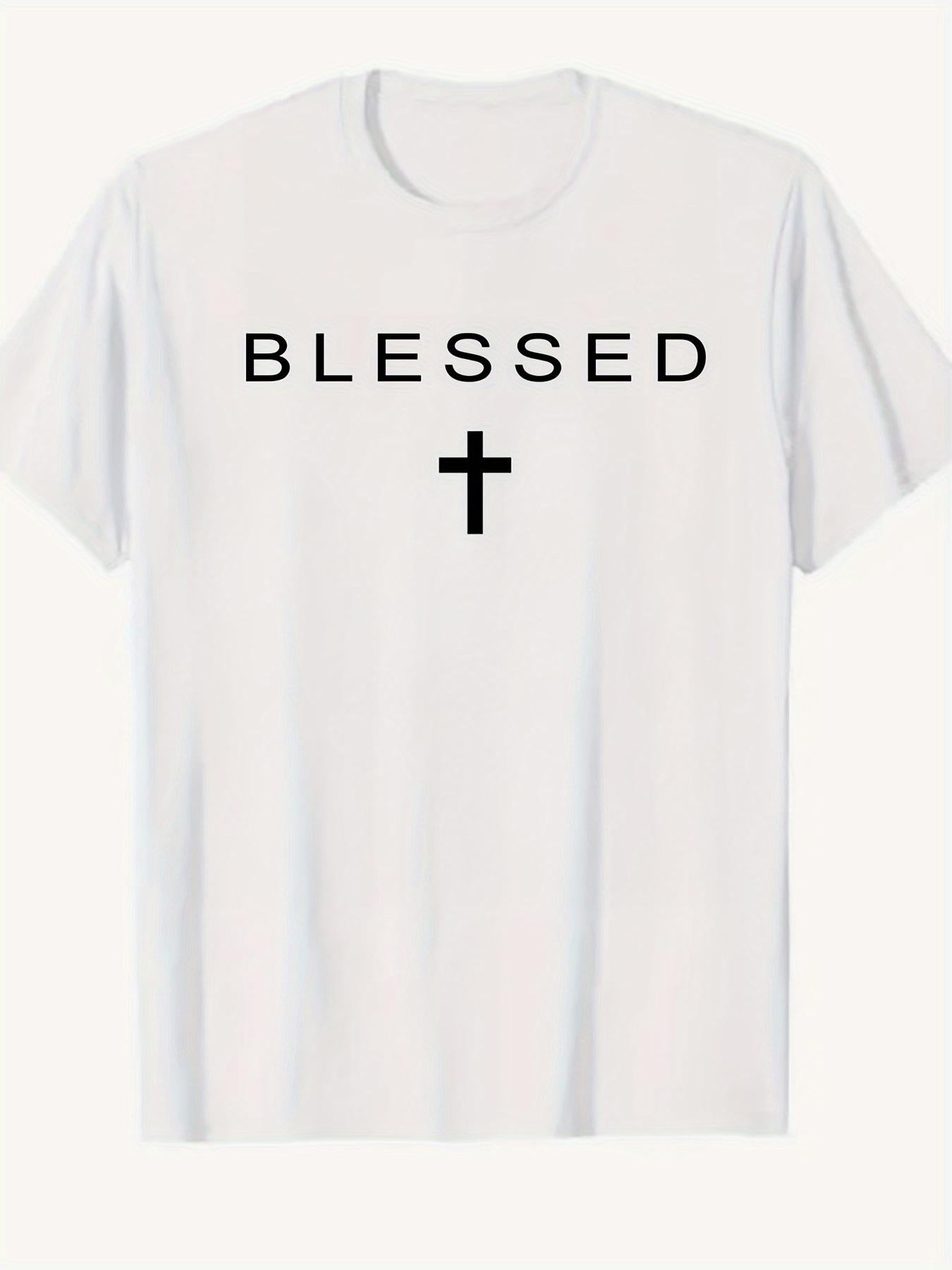 Men's Graphic T-Shirt Blessed Minimal Cross With Clean Line Letters And Simple White Shirt