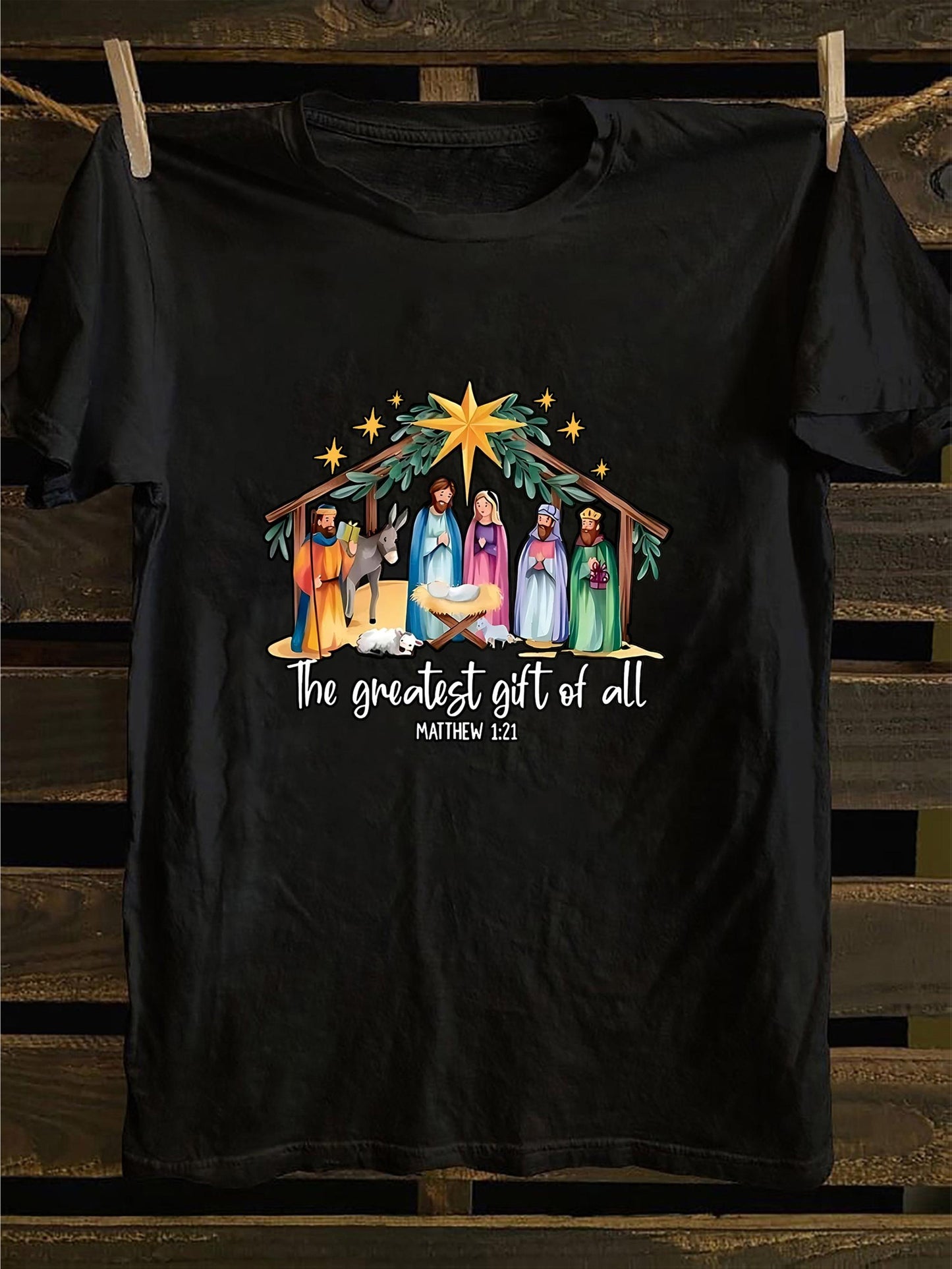 Men's Graphic T-Shirt The Greatest Gift Of All Nativity Scene With Bright Stars Above Manger