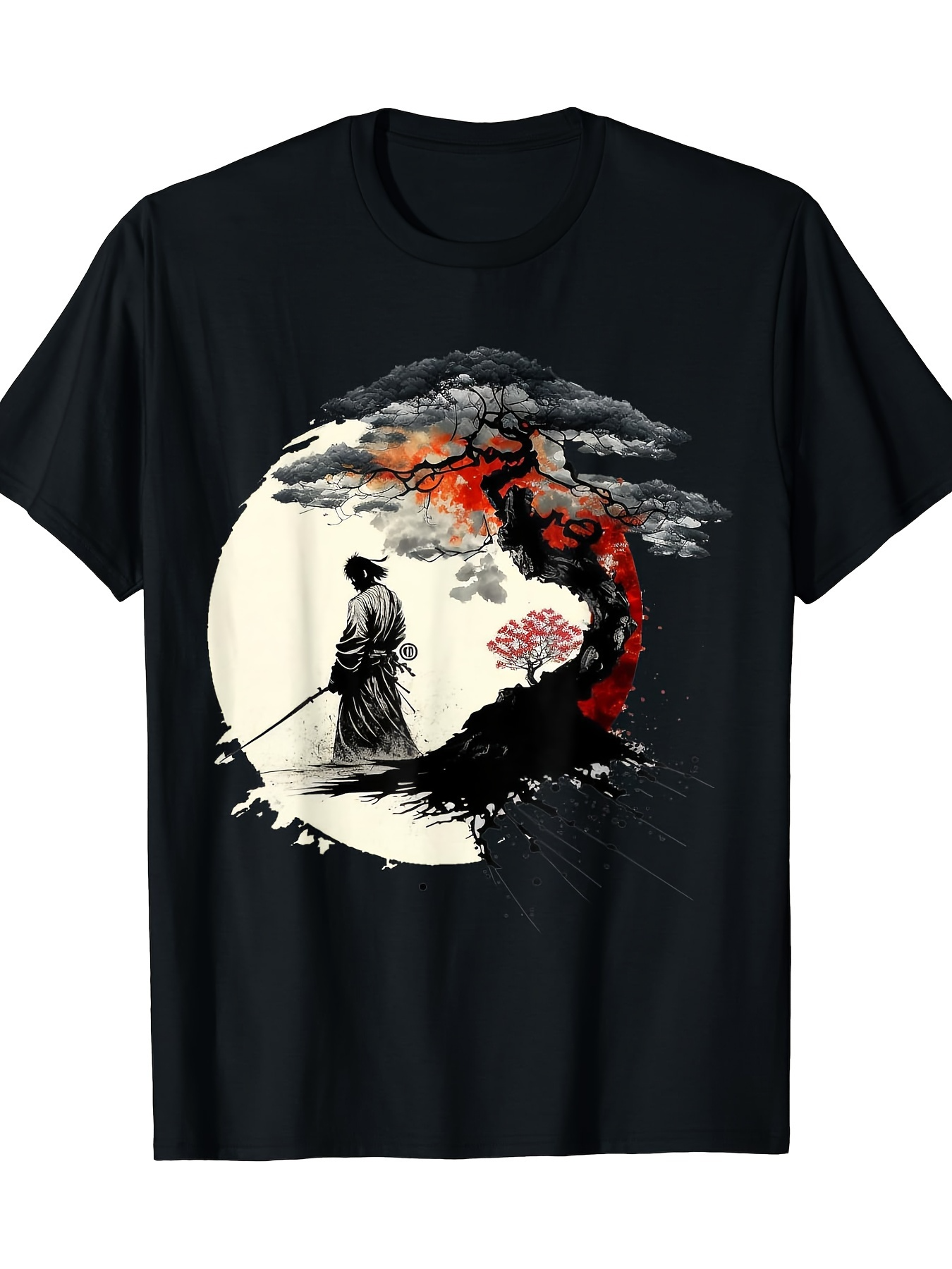 Men's Graphic T-Shirt Majestic Moonlit Landscape With Samurai Plum Tree And Misty Night Sky