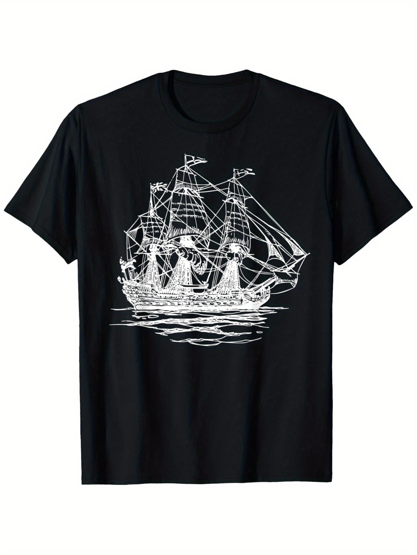 Men's Graphic T-Shirt Vintage Tall Ship With Billowing Sails On Calm Reflective Ocean Waters Ship
