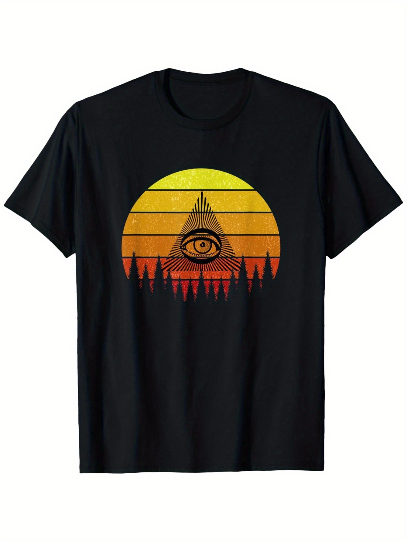 Men's Graphic T-Shirt Sunset With Mysterious Illuminated Eye Above Dark Forest Pyramid
