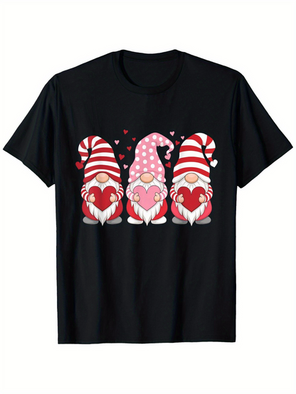Men's Graphic T-Shirt Valentines Day Gnomes With Hearts Dots Stripes And Long Hats Gnome