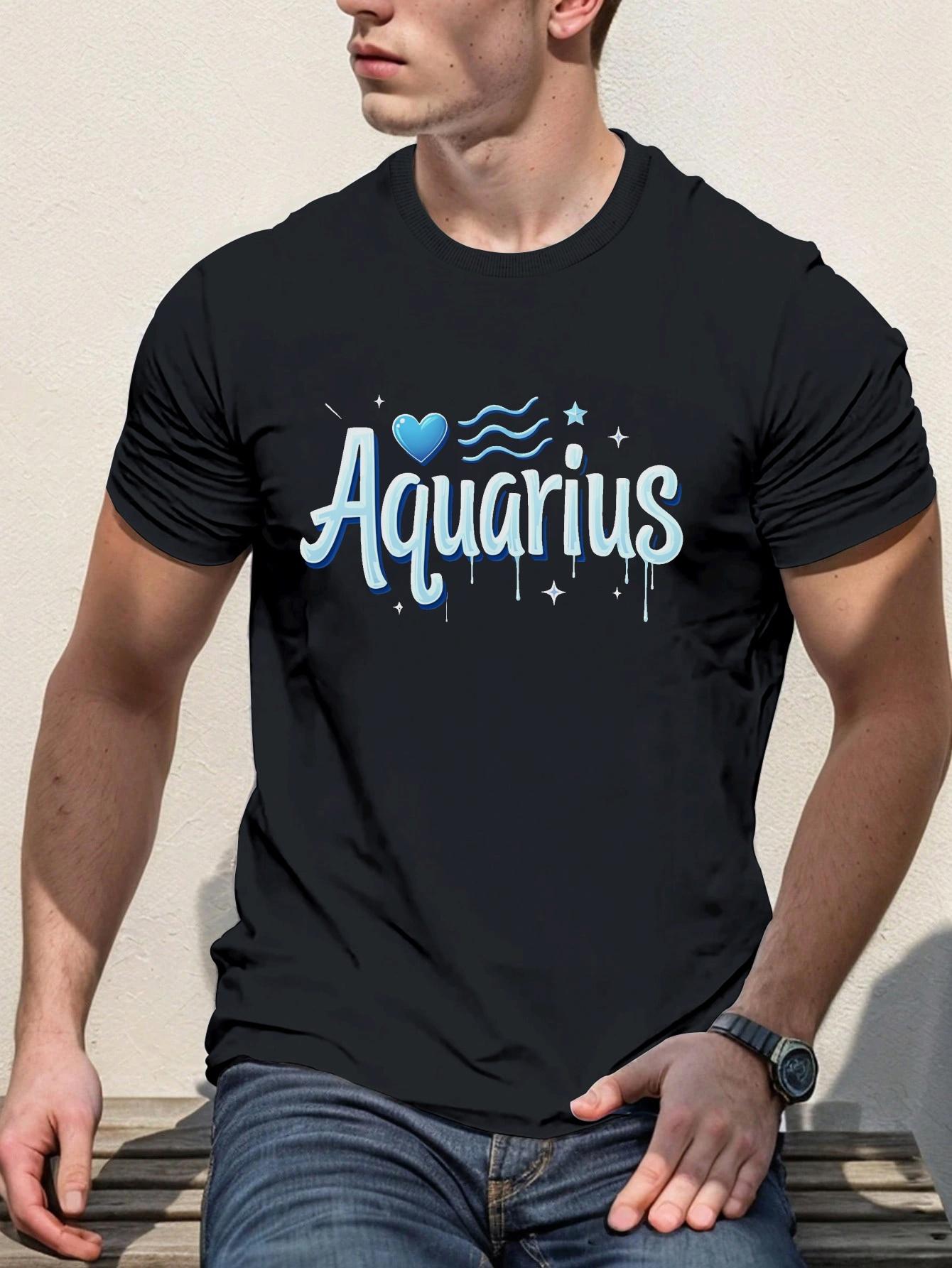 Men's Graphic T-Shirt Aquarius Blue Wavy Star Dotted Lettering Design With Heart And Zodiac Decoration Aquarius
