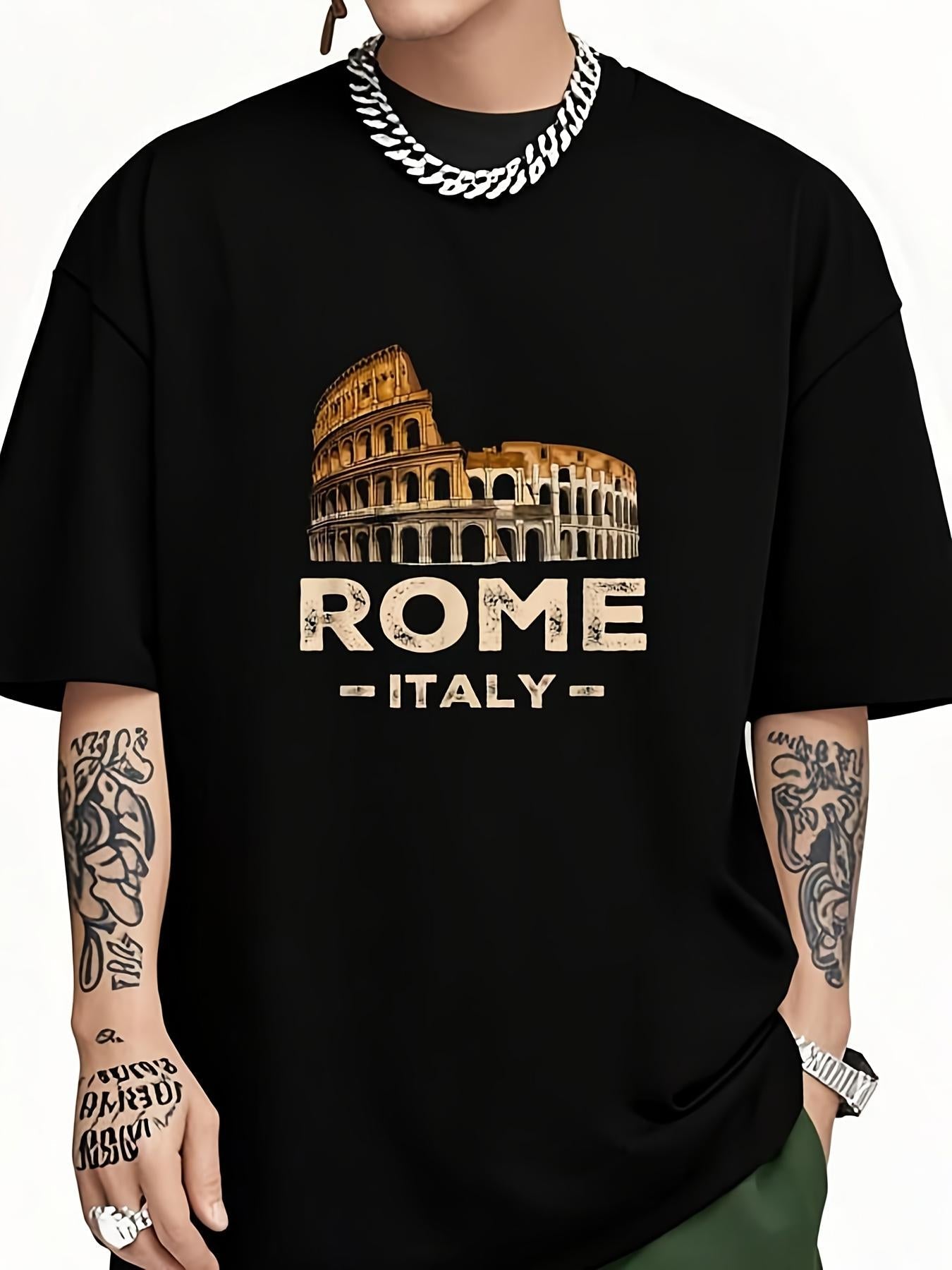 Men's Graphic T-Shirt Rome Italy Colosseum With Illuminated Golden Stone Landmark