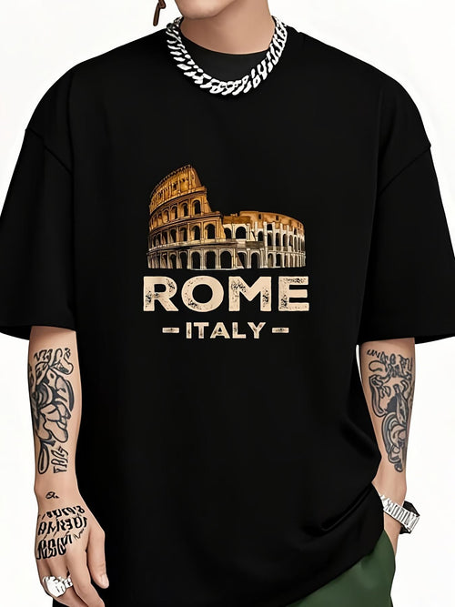 Men's Graphic T-Shirt Rome Italy Colosseum With Illuminated Golden Stone Landmark