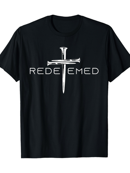 Men's Graphic T-Shirt Redeemed Silver Cross Shaped From Metallic Nails With Bold Typography