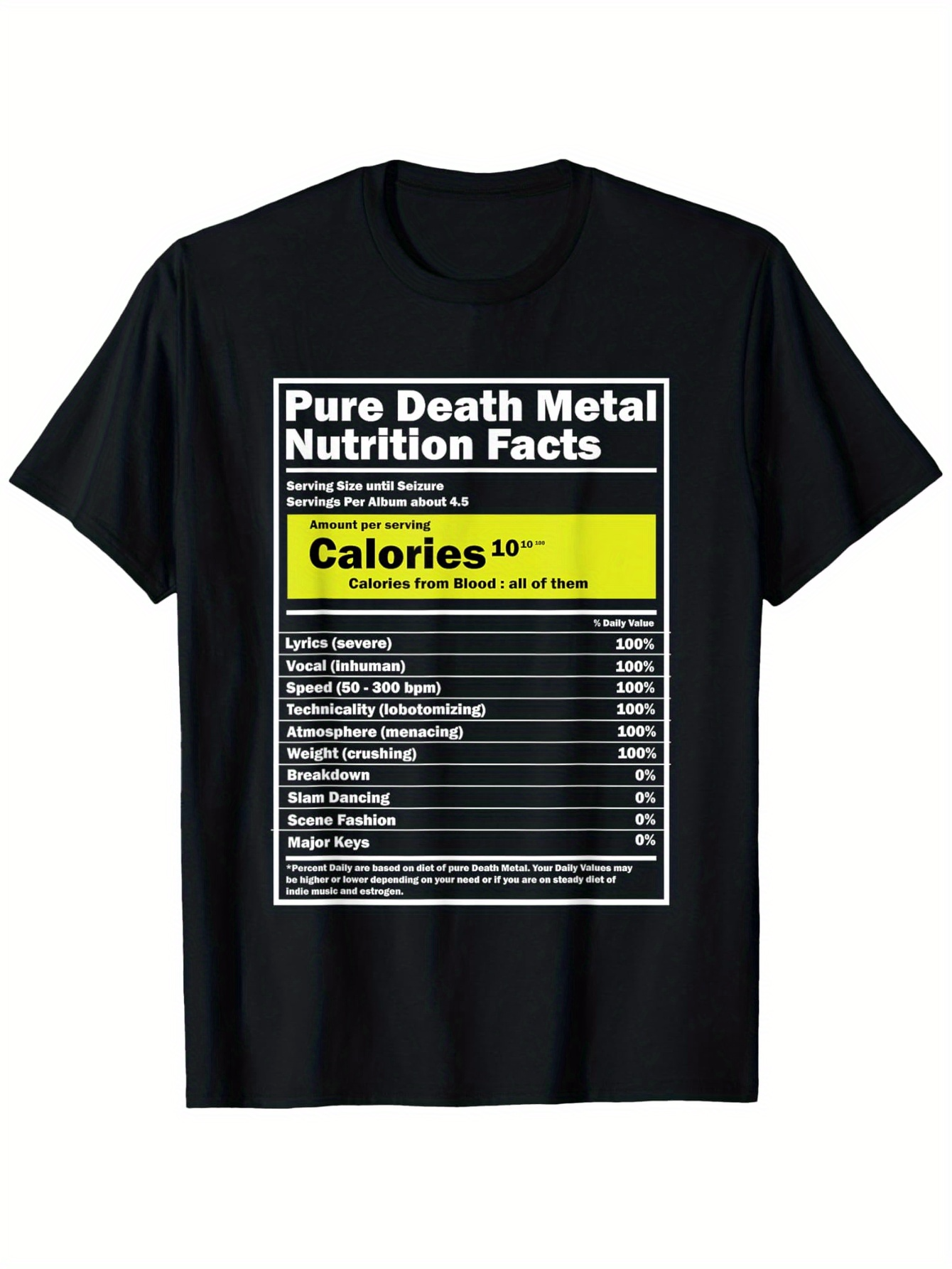 Men's Graphic T-Shirt Pure Death Metal Nutrition Facts Parody Label With High Calorie Information Table