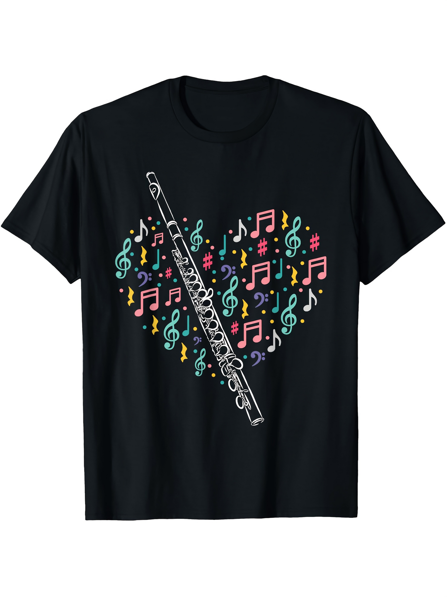 Men's Graphic T-Shirt Colorful Melodic Music Notes With Silver Flute Centerpiece Heart Shape Flute