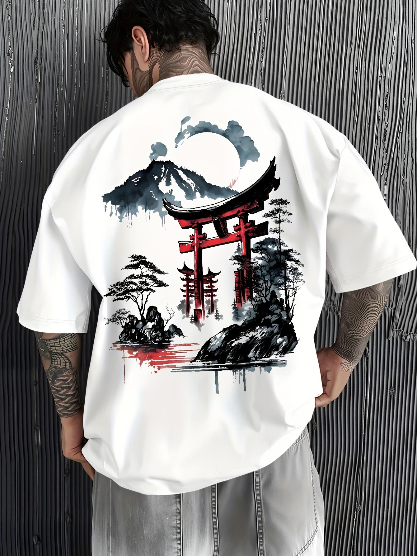 Men's Graphic T-Shirt Serene Japanese Landscape With Misty Mountains Moon And Torii Gate