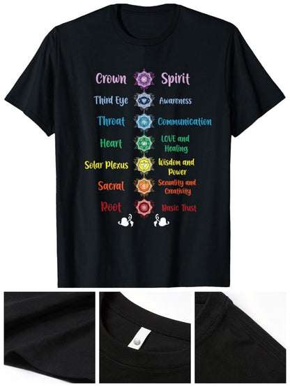 Men's Graphic T-Shirt Colorful Chakra Energy Points With Symbolic Motifs Around Spiritual Healing Text