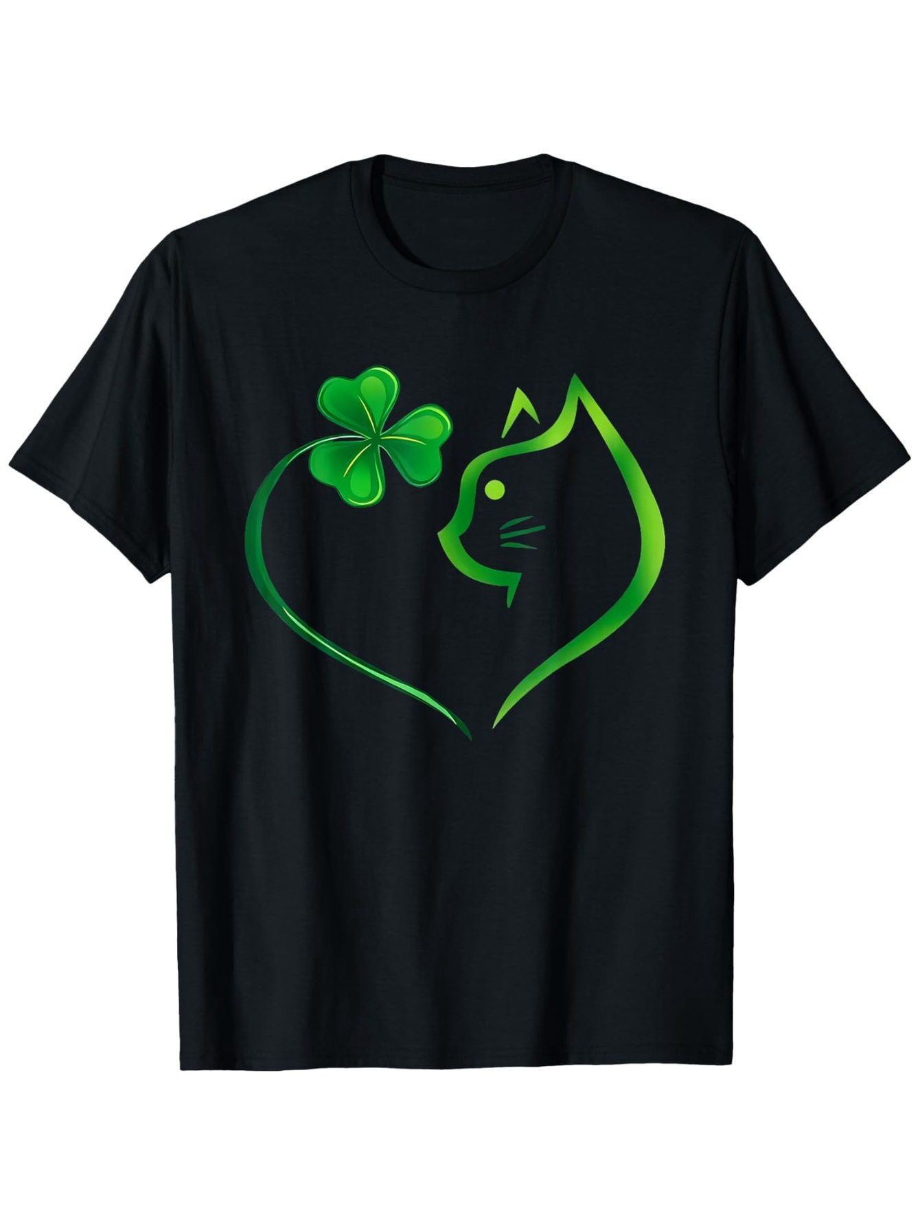 Men's Graphic T-Shirt Green Lucky Clover With Artistic Heart And Cat Silhouette