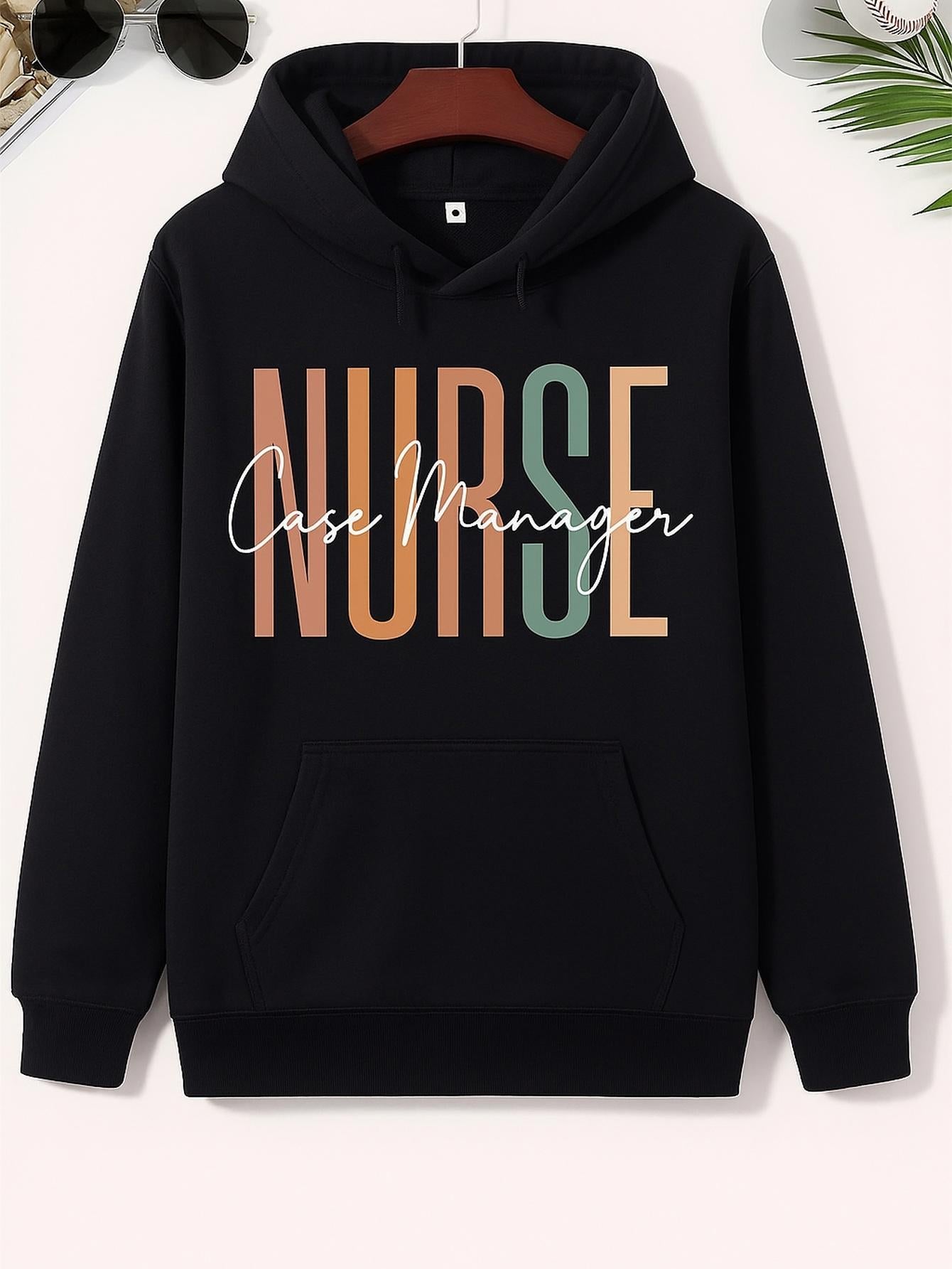 Women's Graphic Hoodie Case Manager Large Pastel Letters Over Black Hoodie Nurse