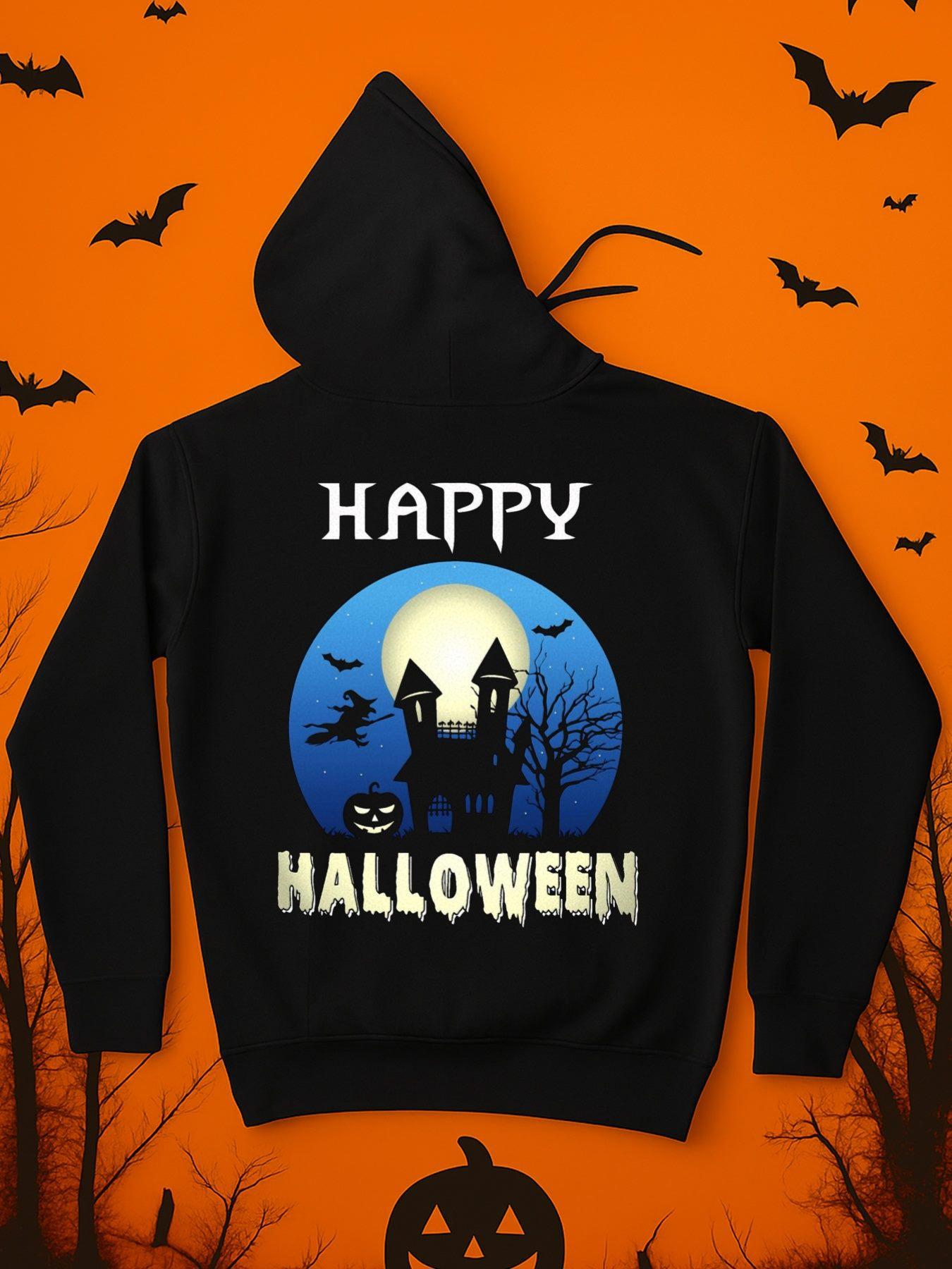 Men's Graphic Hoodie Happy Halloween Haunted Castle With Bats Full Moon And Pumpkin