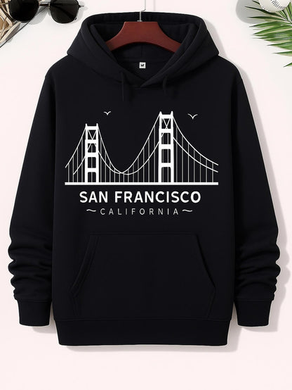 Men's Graphic Hoodie San Francisco Golden Gate Bridge Illustration With Birds And Skyline