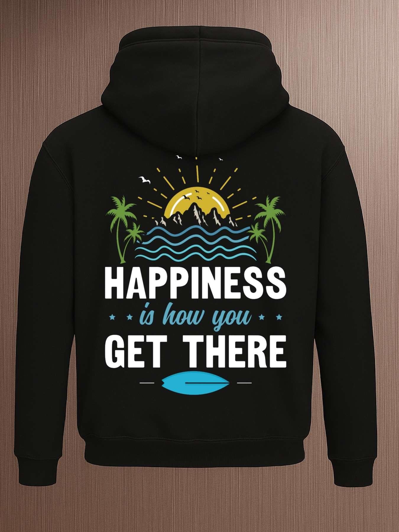 Men's Graphic Hoodie Happiness Is How You Get There With Sunset Waves Palm Trees Among Sparkling Sun