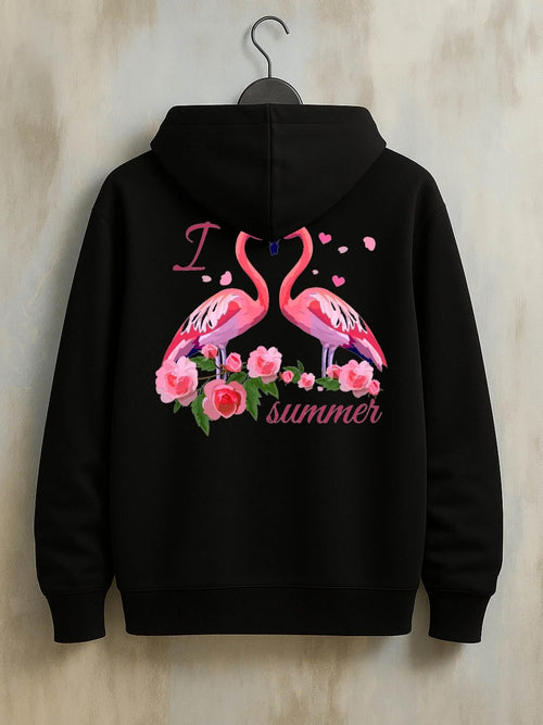 Women's Graphic Hoodie I Summer Delicate Pink Flamingos With Blossoming Roses Among Green Leaves Flamingo