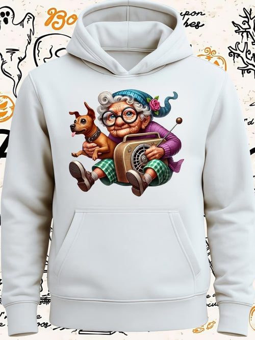 Women's Graphic Hoodie Whimsical Elderly Woman With A Vintage Radio And Cheerful Puppy
