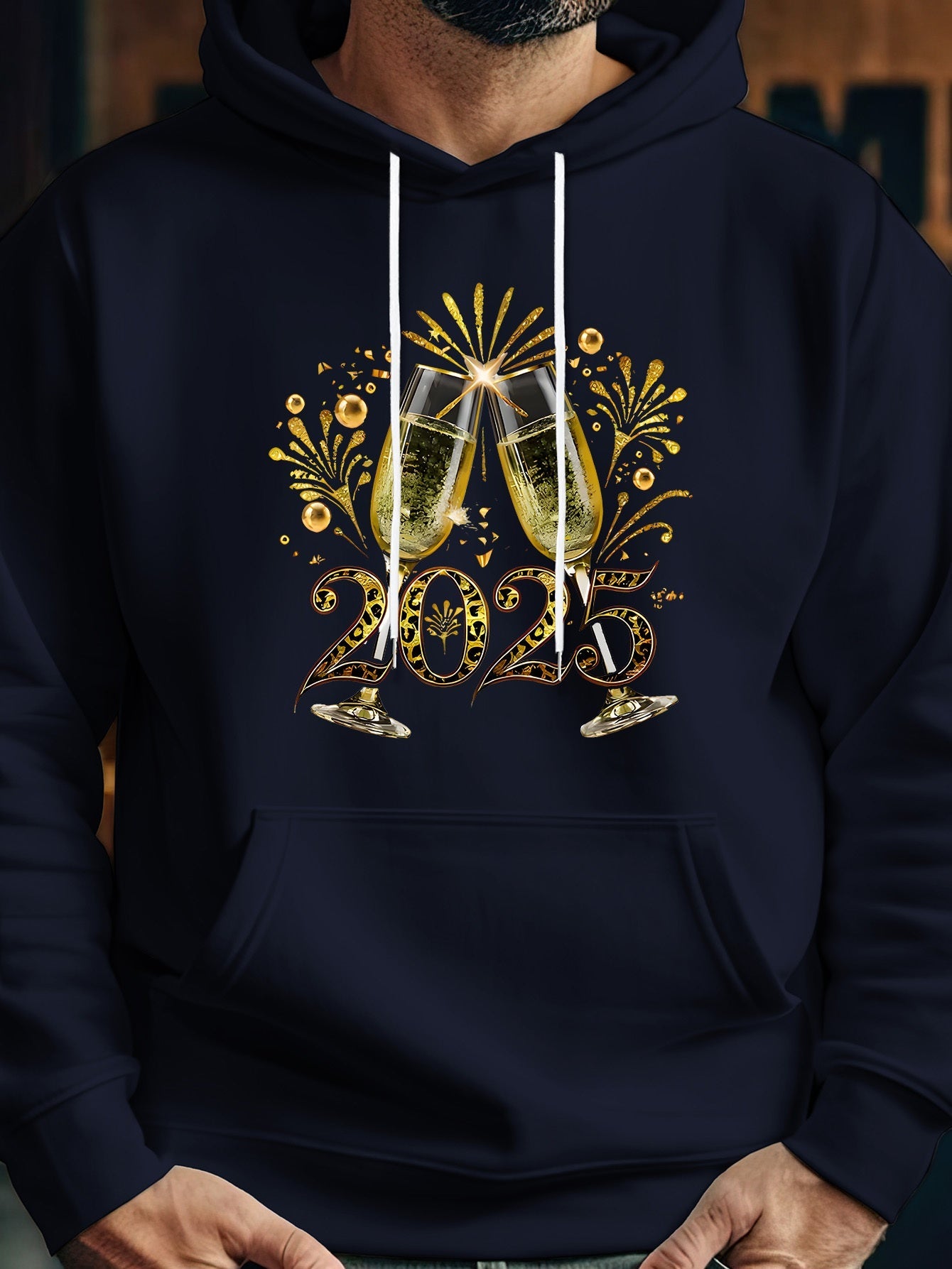 Men's Graphic Hoodie Sparkling Celebration Fireworks With Toasting Champagne Glasses And Festive 2025