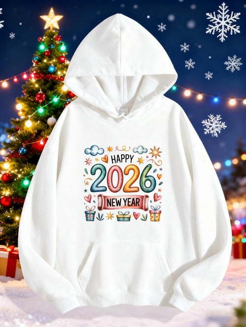 Women's Graphic Hoodie Happy 2026 New Year Colorful Doodles Stars Snowflakes Celebration Hoodie