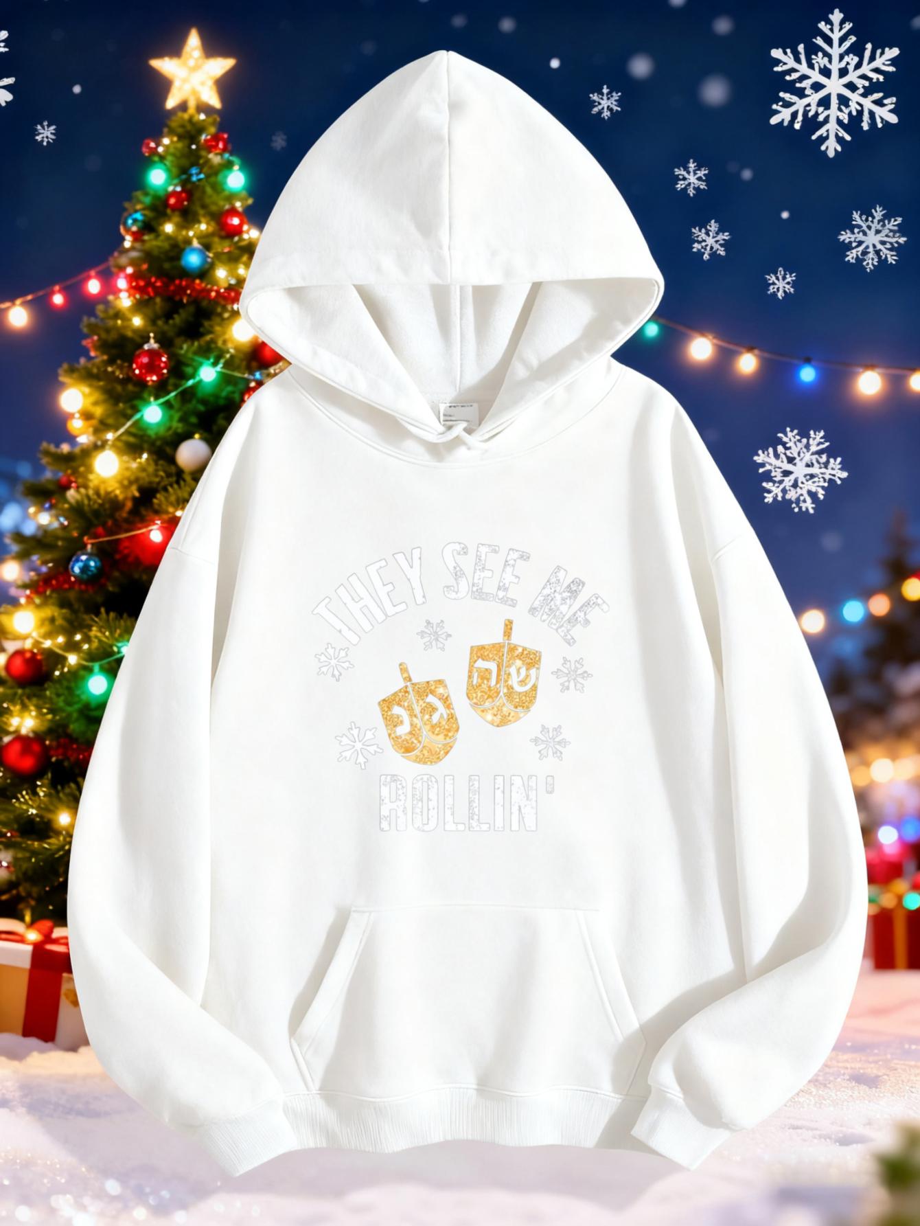 Women's Graphic Hoodie Gold Holiday Sparkle With Winter Snowflakes Around Dreidel