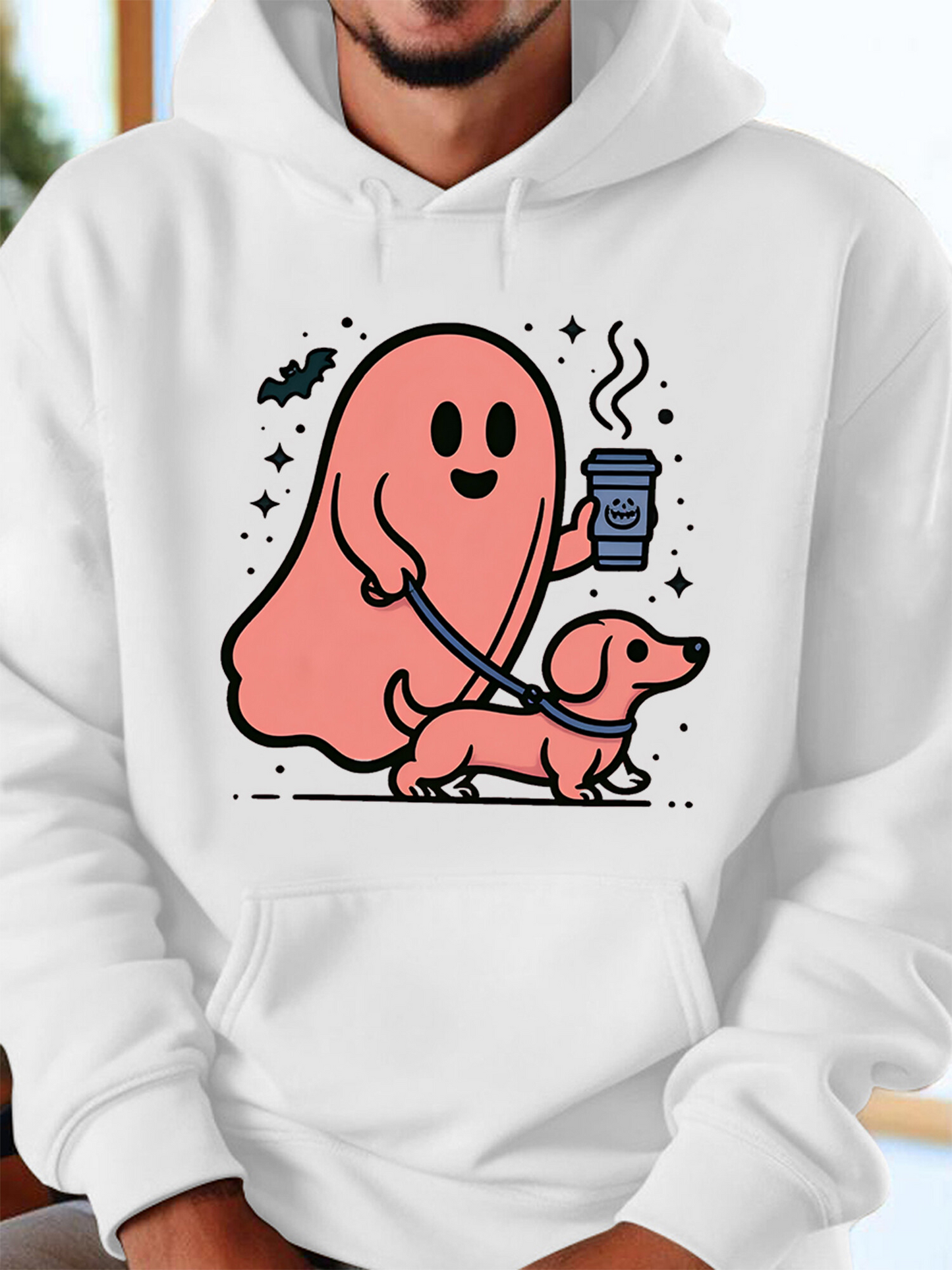Men's Graphic Hoodie Cartoon Pink Ghost Enjoying Coffee While Walking Happy Dog