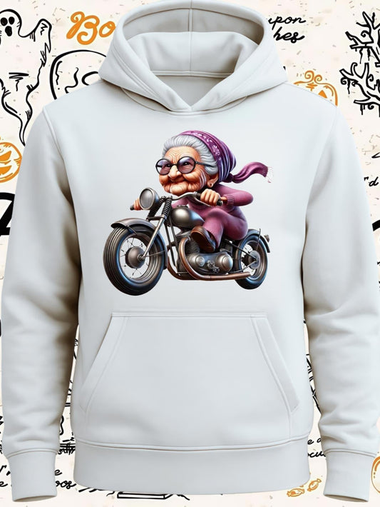 Women's Graphic Hoodie Cheerful Elderly Woman With Scarf Riding A Classic Vintage Motorcycle