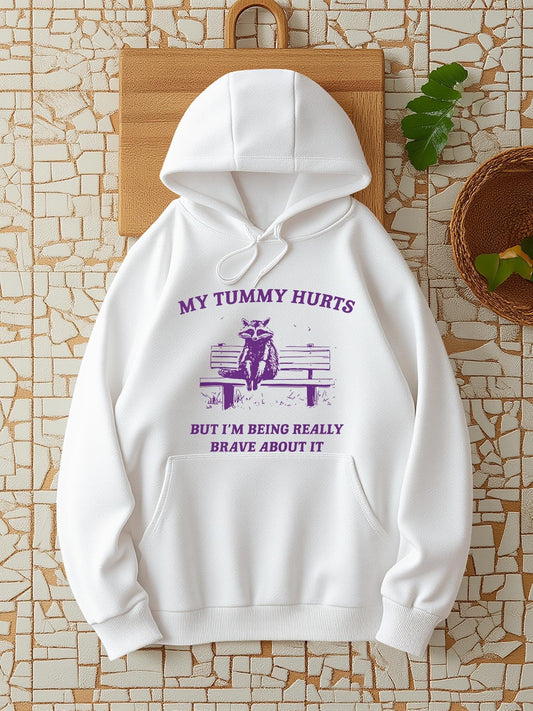 Women's Graphic Hoodie My Tummy Hurts Sitting Raccoon With Text On Wooden Bench