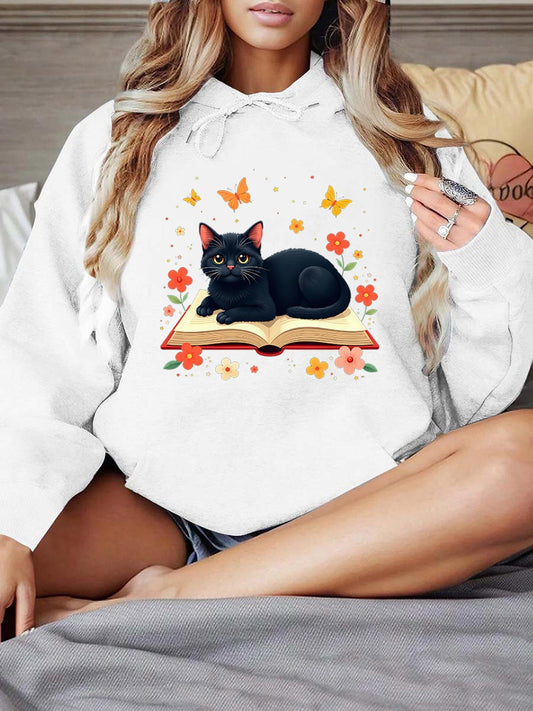 Women's Graphic Hoodie Delicate Orange Blossoms With Butterflies And Open Book Black Cat