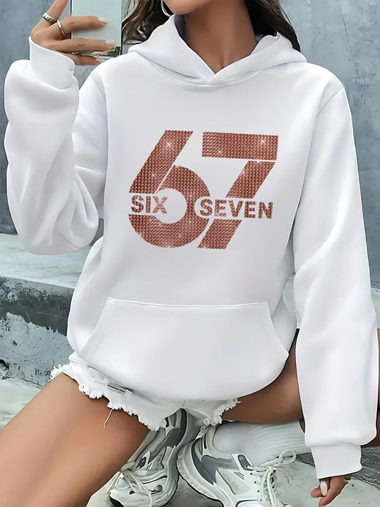 Women's Graphic Hoodie Six Seven Glittering Modern Typography Over Block Bold Number