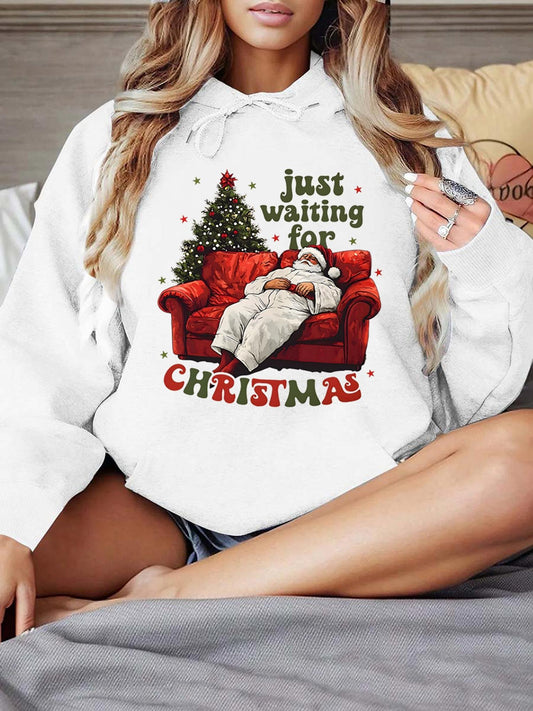 Women's Graphic Hoodie Just Waiting For Christmas Cozy Red Sofa With Dog And Christmas Tree