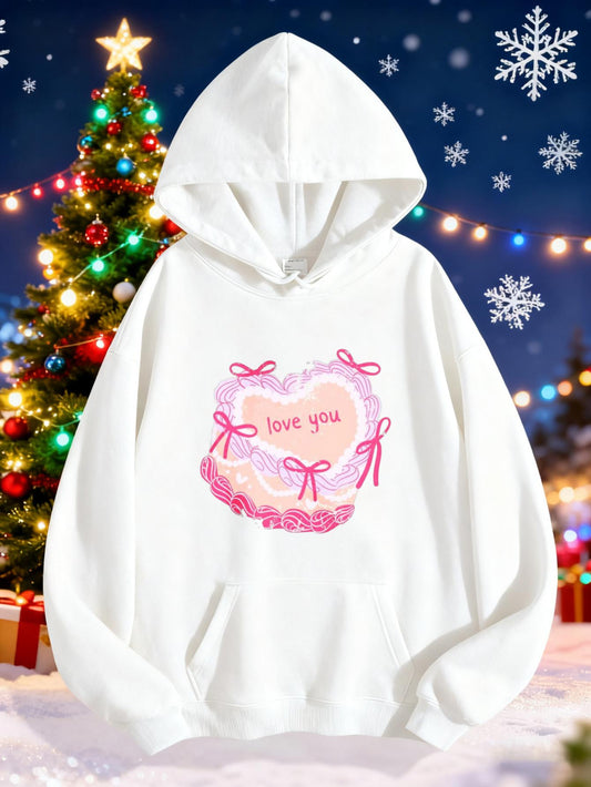 Women's Graphic Hoodie I Love You With Pink Bows And Lace Surrounded By Pastel Heart Motif