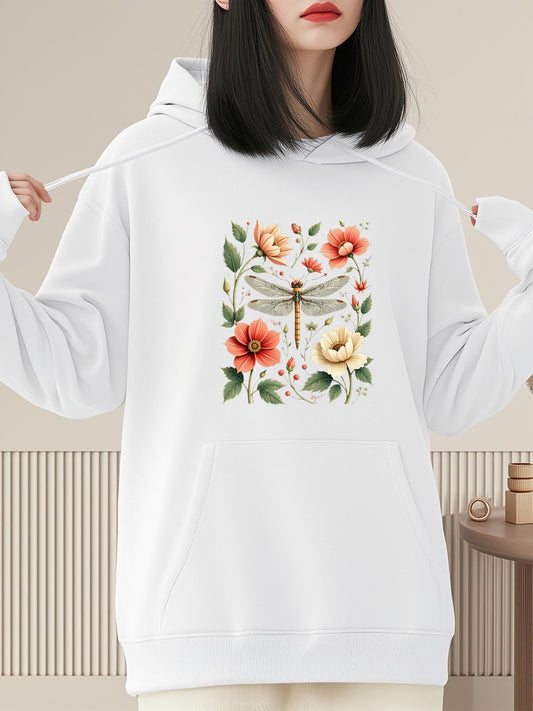Women's Graphic Hoodie Delicate Blossoms With Lush Greenery And Resting Dragonfly