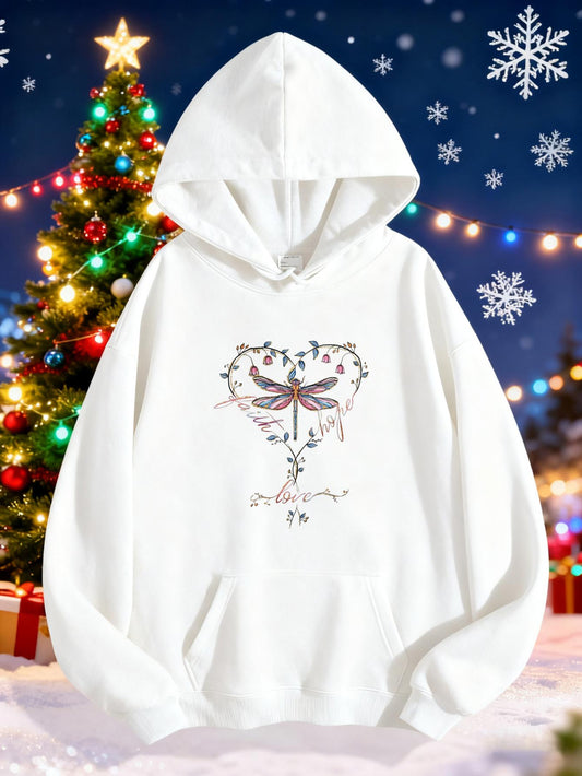 Women's Graphic Hoodie Elegant Dragonfly With Delicate Floral Heart Surrounded By Winter Sparkles Hoodie