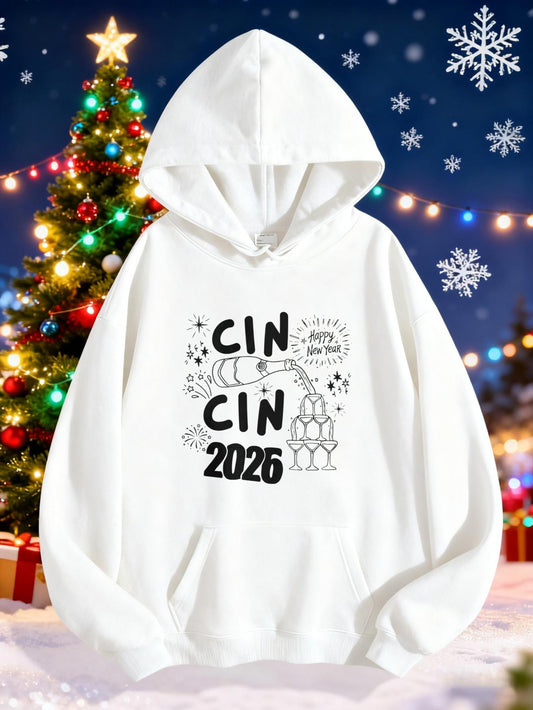 Women's Graphic Hoodie Cin Cin 2025 Festive Champagne Toast With Sparkling Confetti And Glasses