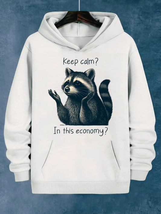 Women's Graphic Hoodie Keep Calm In This Economy Confused Raccoon With Raised Paws Looking Curious