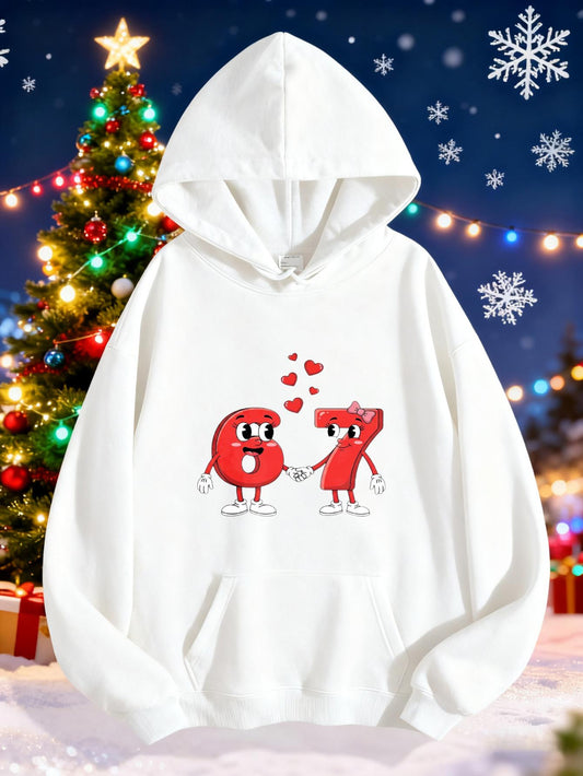 Women's Graphic Hoodie Romantic Cartoon Numbers With Playful Hearts And Winter Holiday Scene