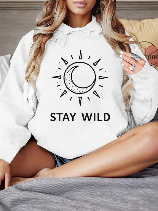 Women's Graphic Hoodie Stay Wild Crescent Moon With Geometric Rays Surrounded By Sunburst Patterns Hoodie