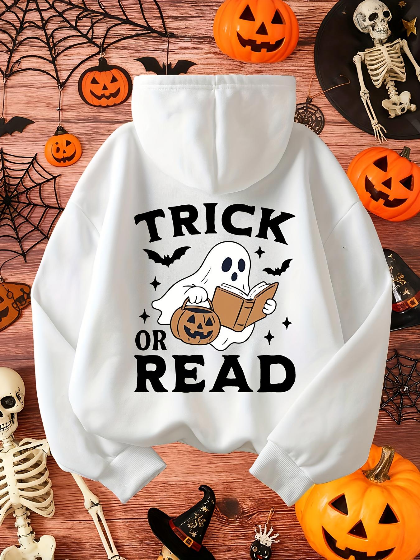 Women's Graphic Hoodie Trick Or Read Ghost Holding Pumpkin And Book Surrounded By Flying Bats