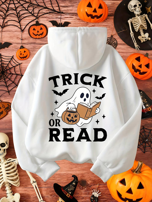 Women's Graphic Hoodie Trick Or Read Ghost Holding Pumpkin And Book Surrounded By Flying Bats