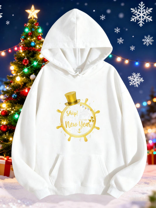 Women's Graphic Hoodie Happy New Year Golden Hat And Radiant Confetti Around A Festive Clock