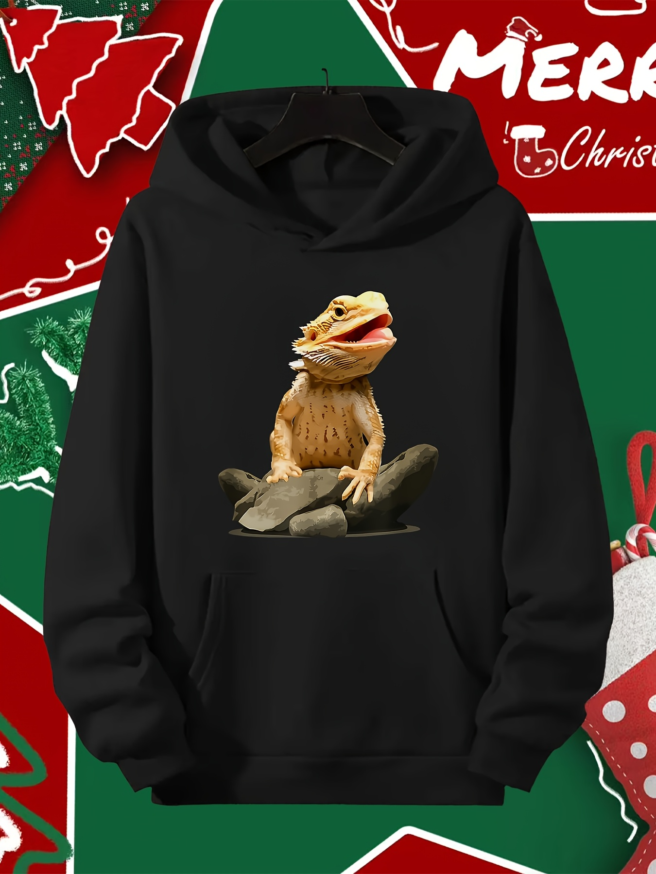 Men's Graphic Hoodie Playful Bearded Dragon Resting Calmly On Soft Gray Rock Lizard