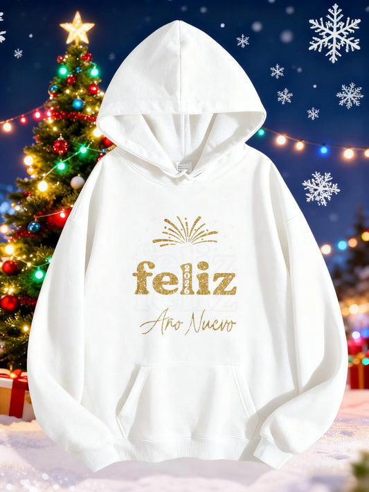Women's Graphic Hoodie Golden Festive Letters With Radiant New Year Greeting Hoodie