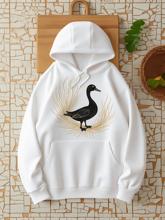 Women's Graphic Hoodie Golden Feather Accents Surrounding A Black Silhouette Duck