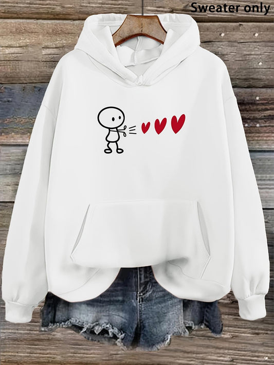 Women's Graphic Hoodie Minimalist Cartoon Character Sending Red Floating Hearts