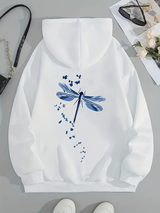 Women's Graphic Hoodie Delicate Blue Petals Floating Around Graceful Dragonfly
