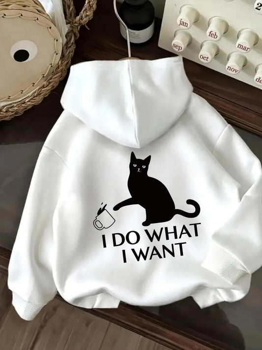 Women's Graphic Hoodie I Do What I Want Mischievous Black Cat With Knocked Over Mug